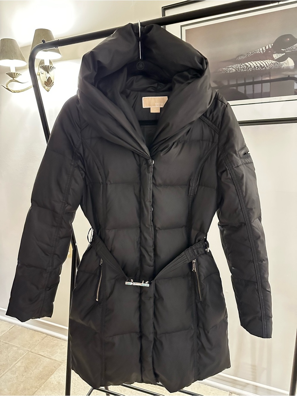 Michael Kors Womenโs Black Puffer Coat with Hood